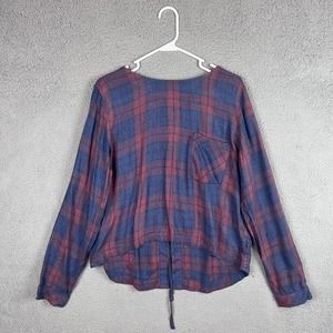 Anthropologie Cloth & Stone Large Long Sleeve Lace Up Back Red Blue Plaid Pocket